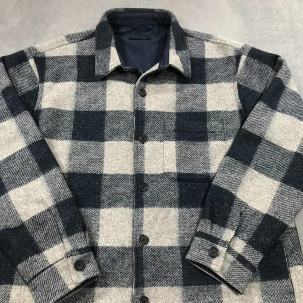 Banana Republic Mens XL Blue Gray Plaid Flannel Shirt Jacket Shacket Pockets